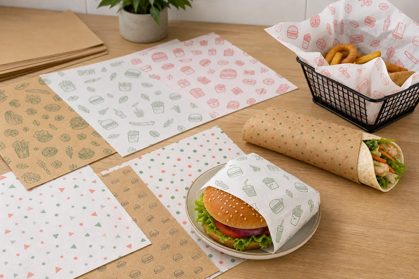 Burger Wrapping Paper sheets, rolls and food wrapping applications