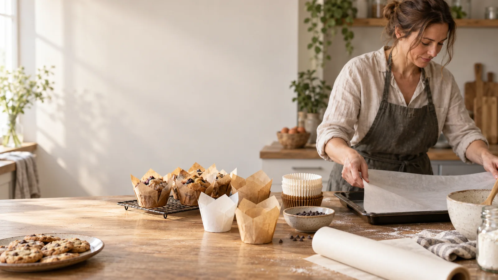 Baking paper, cupcake liners and parchment prepared in a bakery kitchen