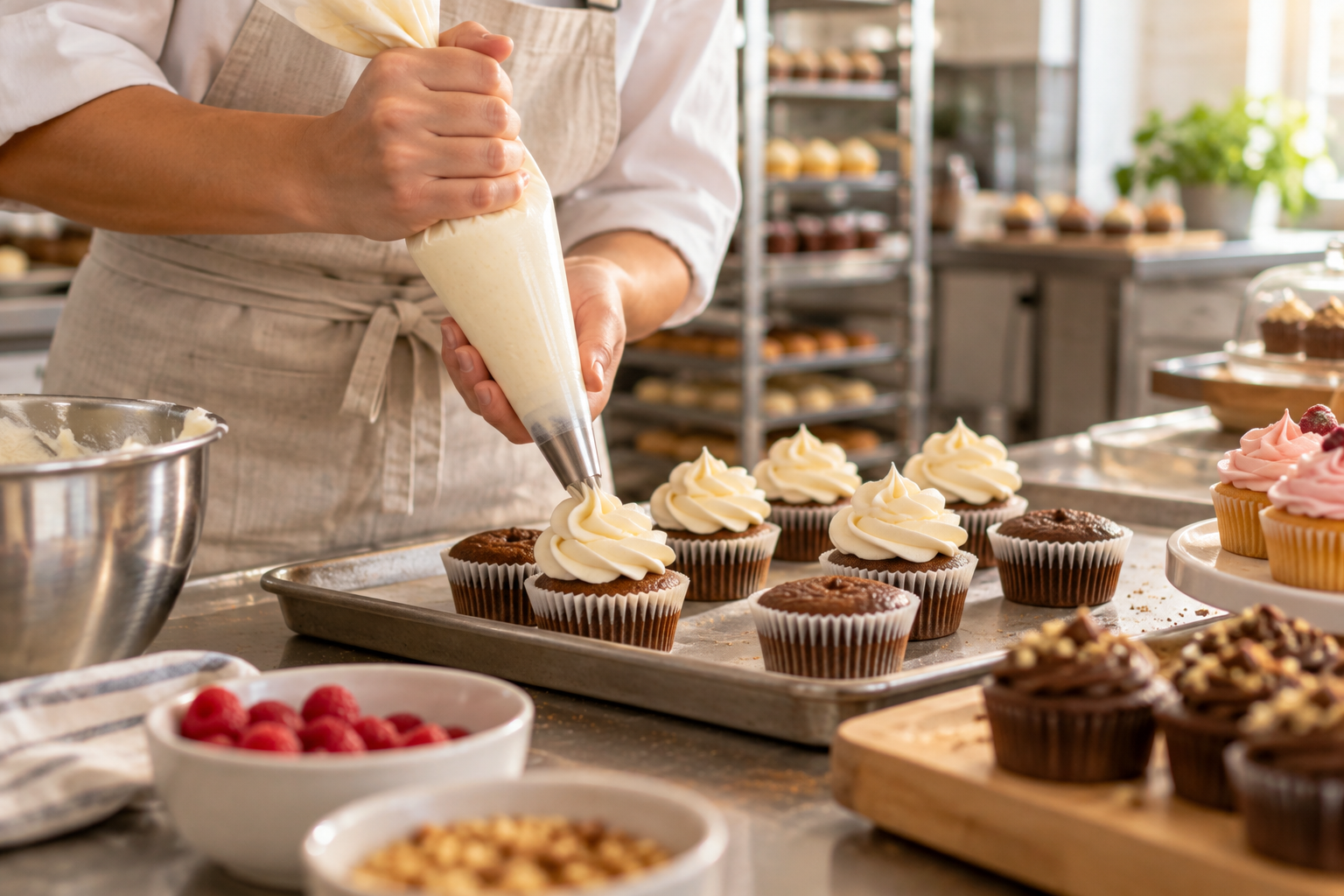 Bakery worker preparing cupcakes